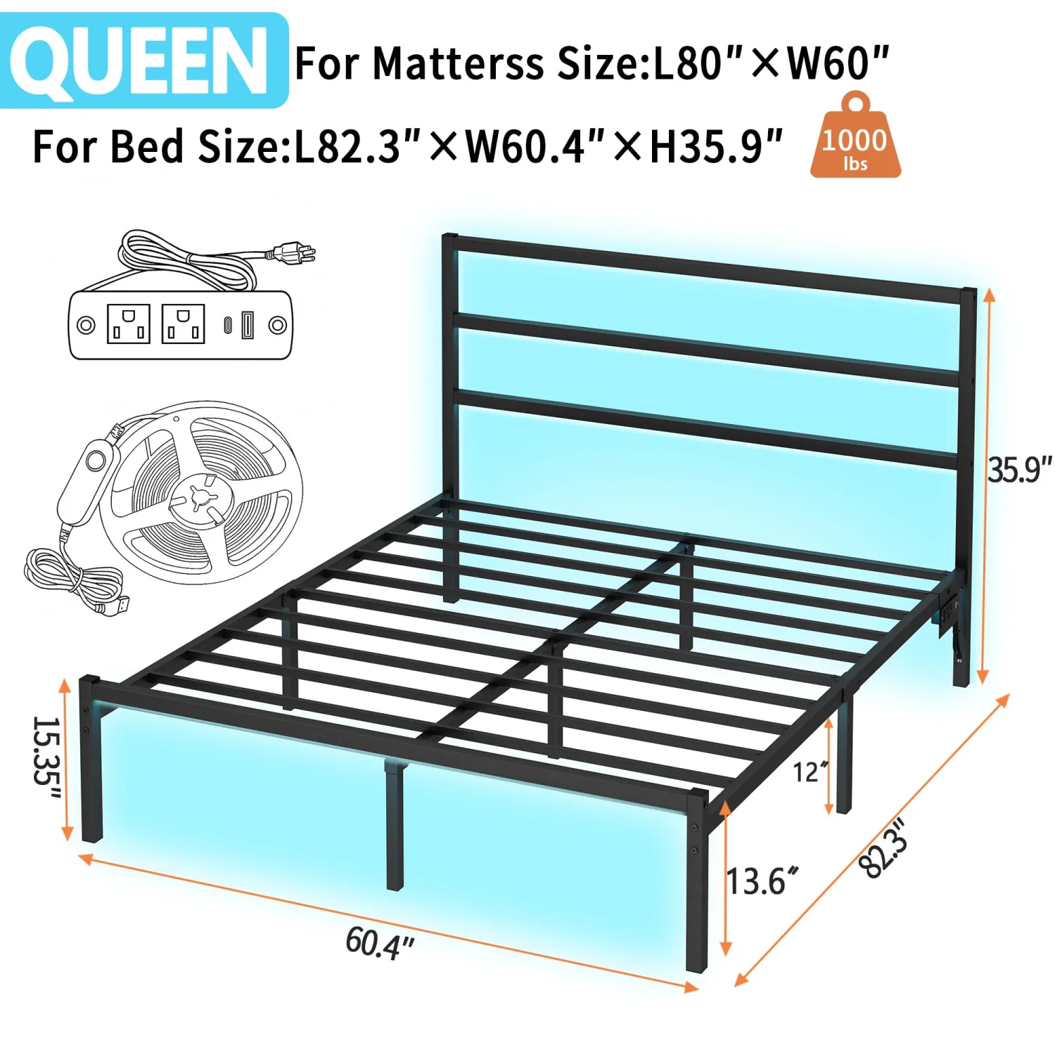 Queen Size Bed Frame with Headboard,Heavy Duty Steel Slats Support-LED Bed Frame with USB Charging Station,Mattress Foundation-Under Bed Storage,No Box Spring Needed,Noise Free，Black