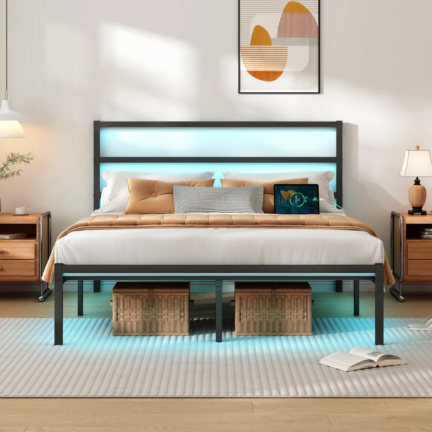 Queen Size Bed Frame with Headboard,Heavy Duty Steel Slats Support-LED Bed Frame with USB Charging Station,Mattress Foundation-Under Bed Storage,No Box Spring Needed,Noise Free，Black