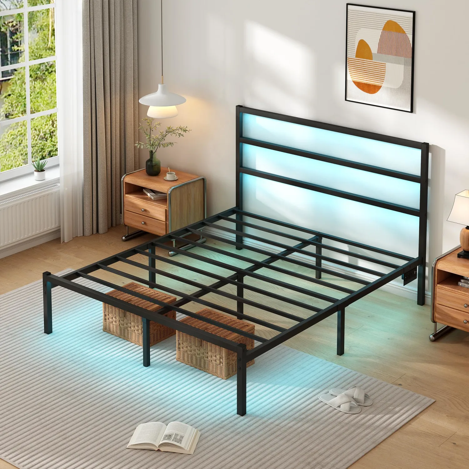 Queen Size Bed Frame with Headboard,Heavy Duty Steel Slats Support-LED Bed Frame with USB Charging Station,Mattress Foundation-Under Bed Storage,No Box Spring Needed,Noise Free，Black