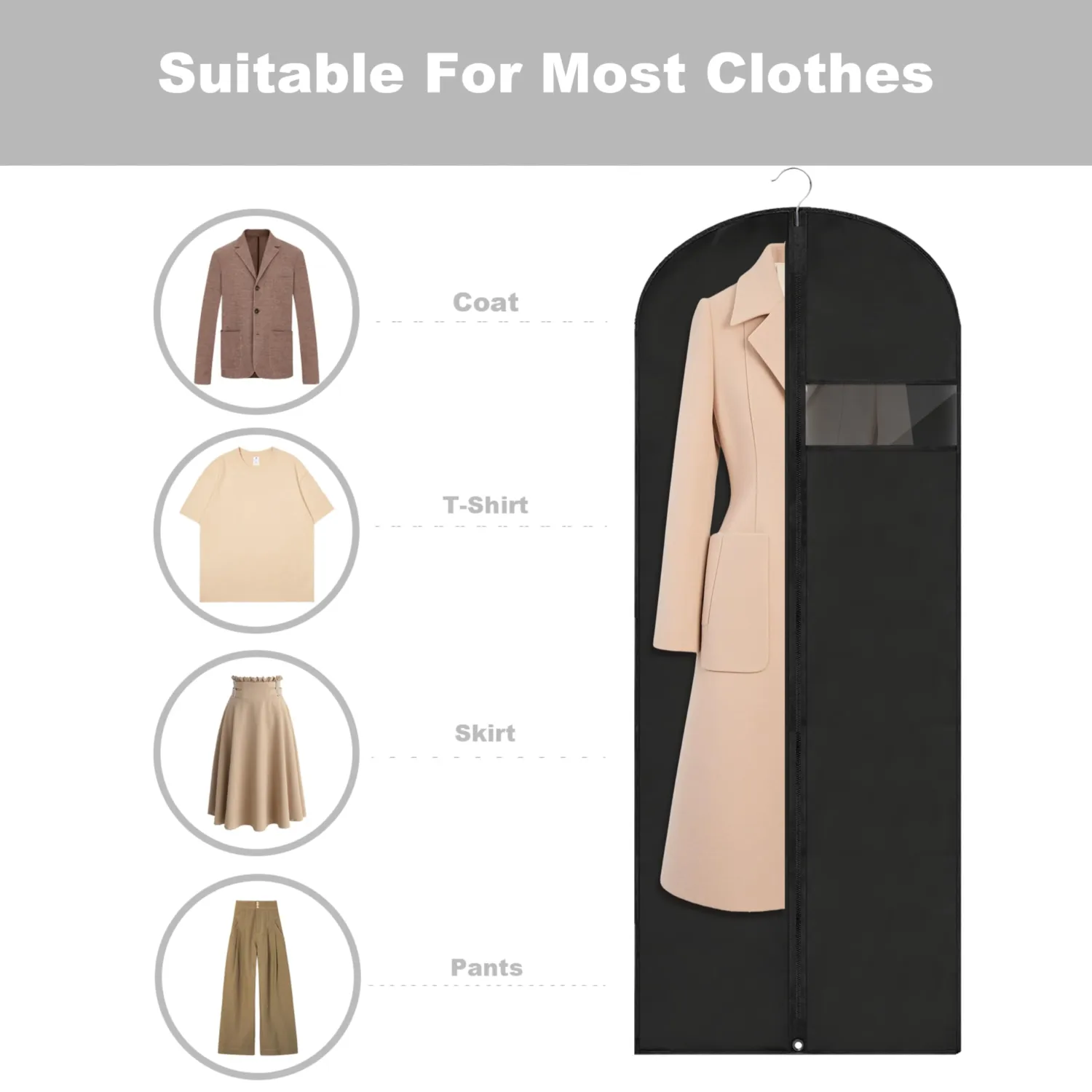 Dress Bags for Gowns Long, 60'' Garment Bags for Hanging Clothes, Suit Bag Cover for Storage and Travel, 2 Pack (Black)