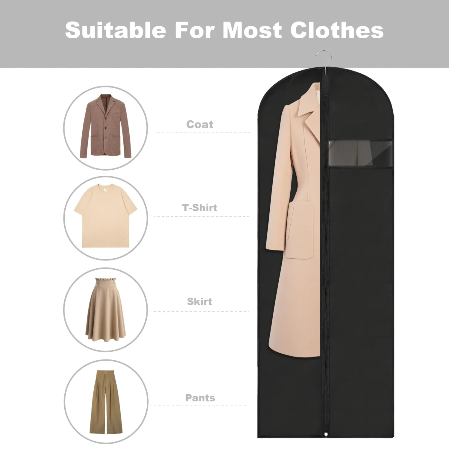 Dress Bags for Gowns Long, 65'' Garment Bags for Hanging Clothes, Suit Bag Cover for Storage and Travel (Black)