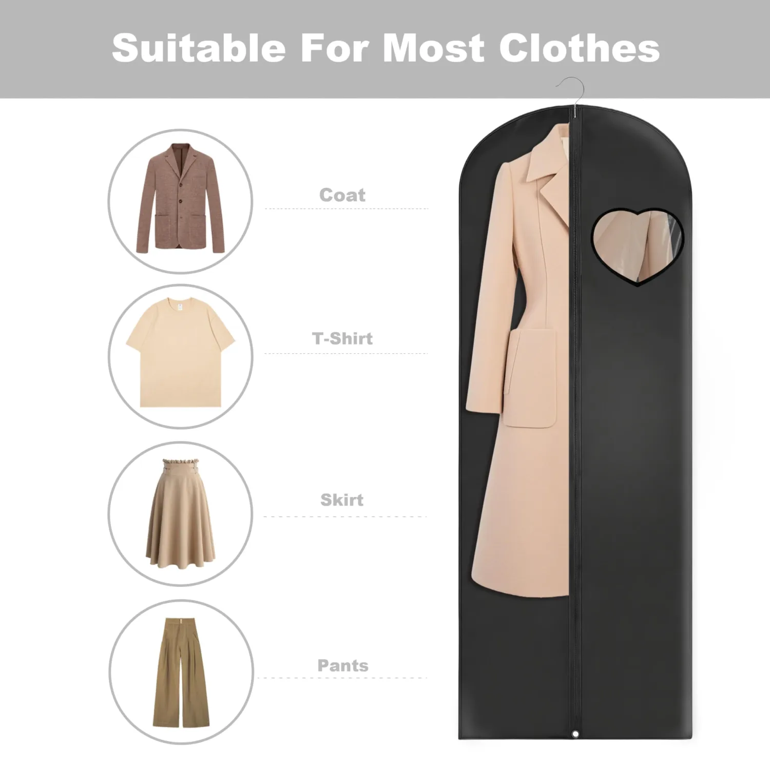 Dress Bags for Gowns Long, 65'' Garment Bags for Hanging Clothes, Suit Bag Cover for Storage and Travel, with Clear Heart Window, 2 Pack (Black)