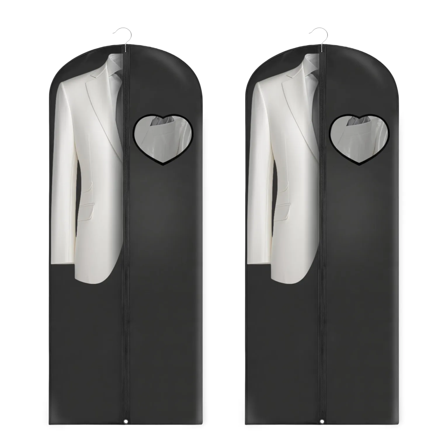 Dress Bags for Gowns Long, 65'' Garment Bags for Hanging Clothes, Suit Bag Cover for Storage and Travel, with Clear Heart Window, 2 Pack (Black)