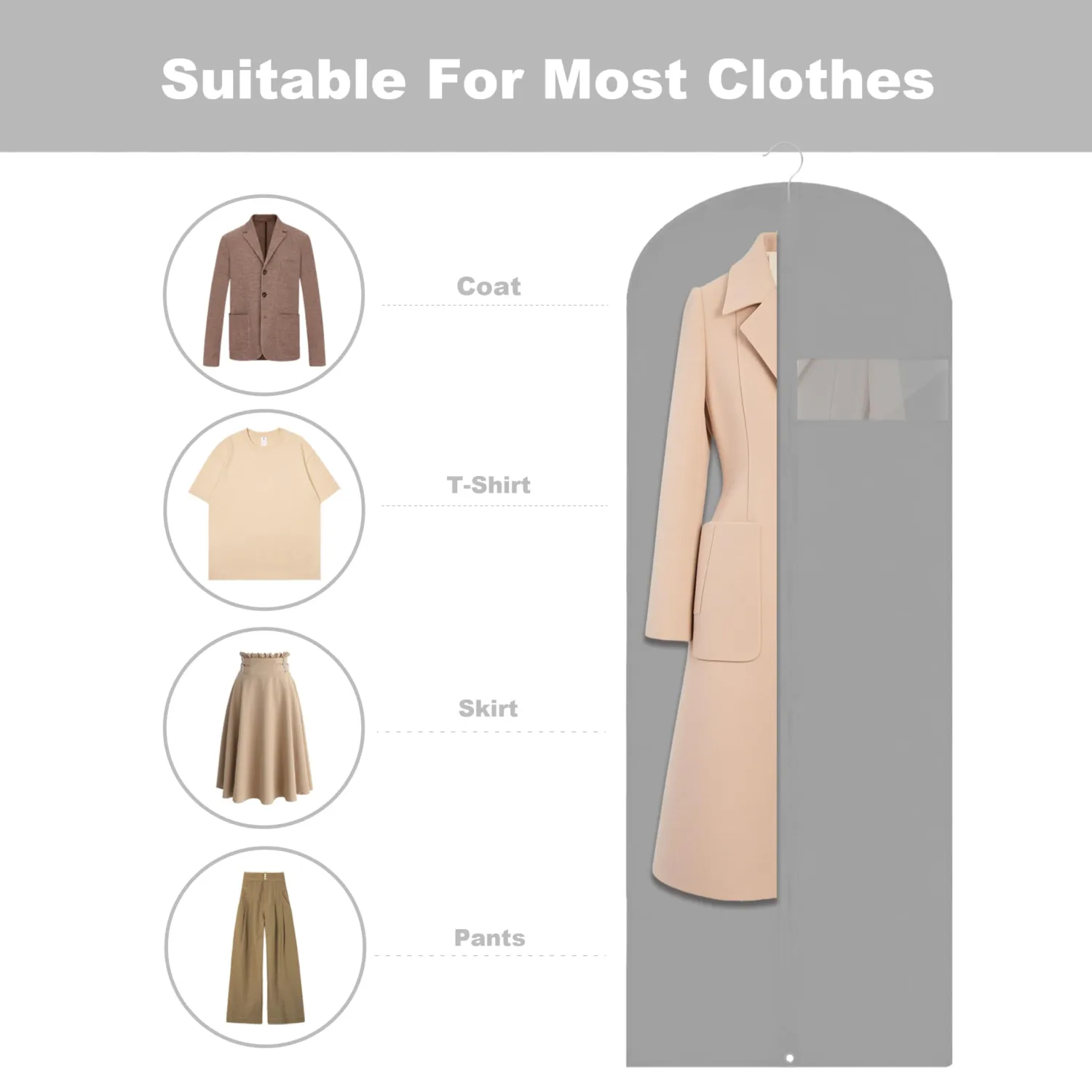Dress Bags for Gowns Long, 65'' Garment Bags for Hanging Clothes, Suit Bag Cover for Storage and Travel (Grey)