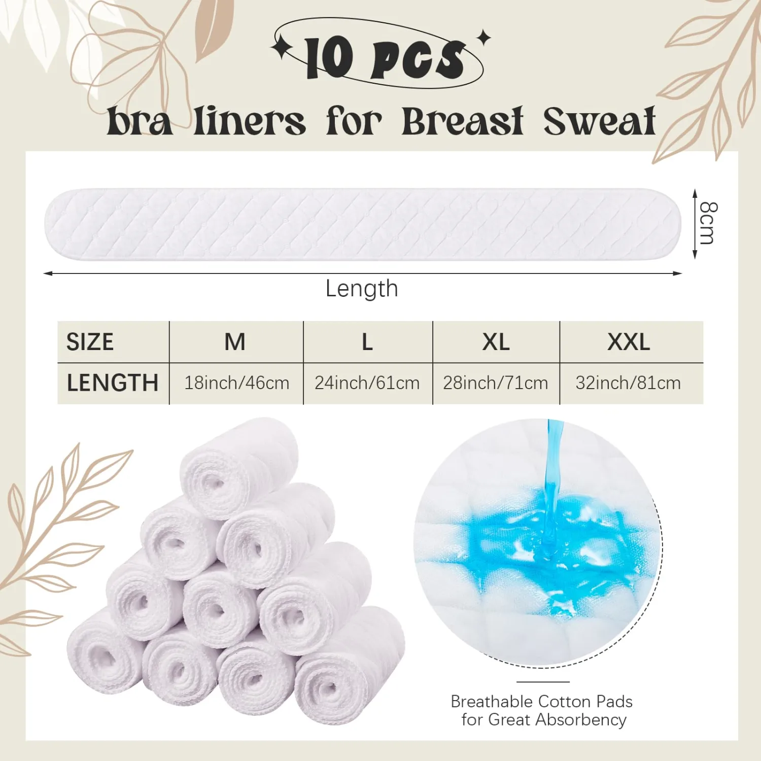 Toulite 10 Pcs Cotton Bra Liners Boob Sweat Pads 3 Layer Rectangle Under Bra Pads Sweat Liners for Women Sweating Supplies