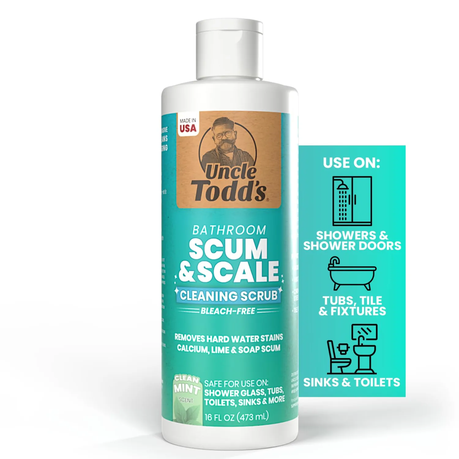 Uncle Todd's Scum & Scale Bathroom Cleaner Hard Water Stain & Soap Scum Remover – Bleach-Free, Heavy Duty Calcium Lime Rust Cleaner for Shower, Glass, Toilet, Tub & Sink – 16oz