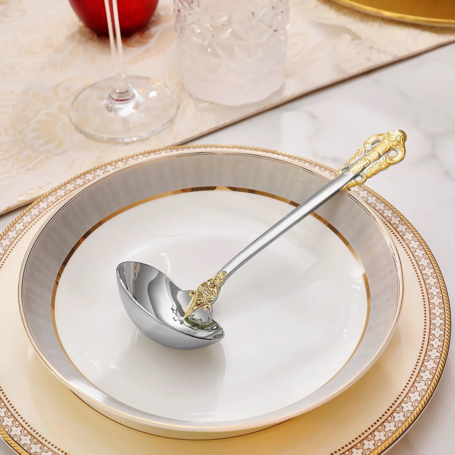 KEAWELL Premium 7.5 inch Luxury Gravy Ladle, 18/10 Stainless Steel, Small Gravy Spoon for Home. Solid and Sturdy, Dishwasher Safe. (1, Gold Accent)