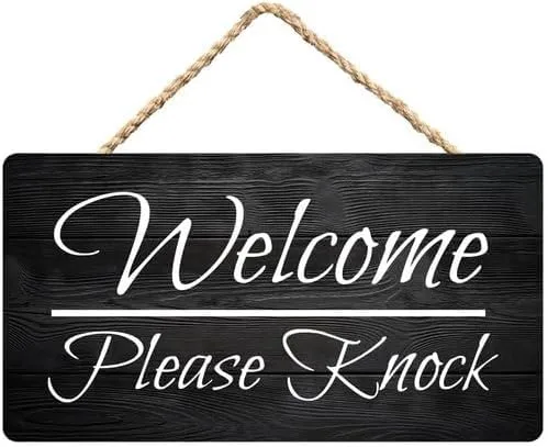 Front Door Home Signs - Welcome Please Knock- Rustic Wooden Hanging Sign Farmhouse Door Decor For Home Porch Decor Entryway 6X12Inches