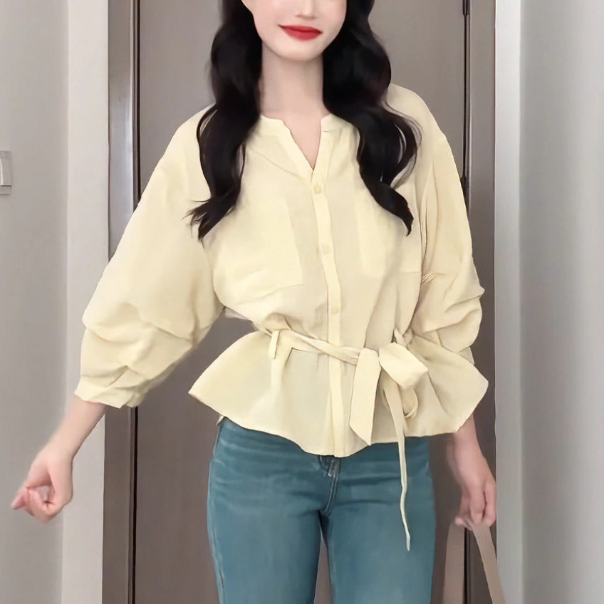 Loose, Casual, Slimming Lace-Up Shirt For Early Autumn Womens