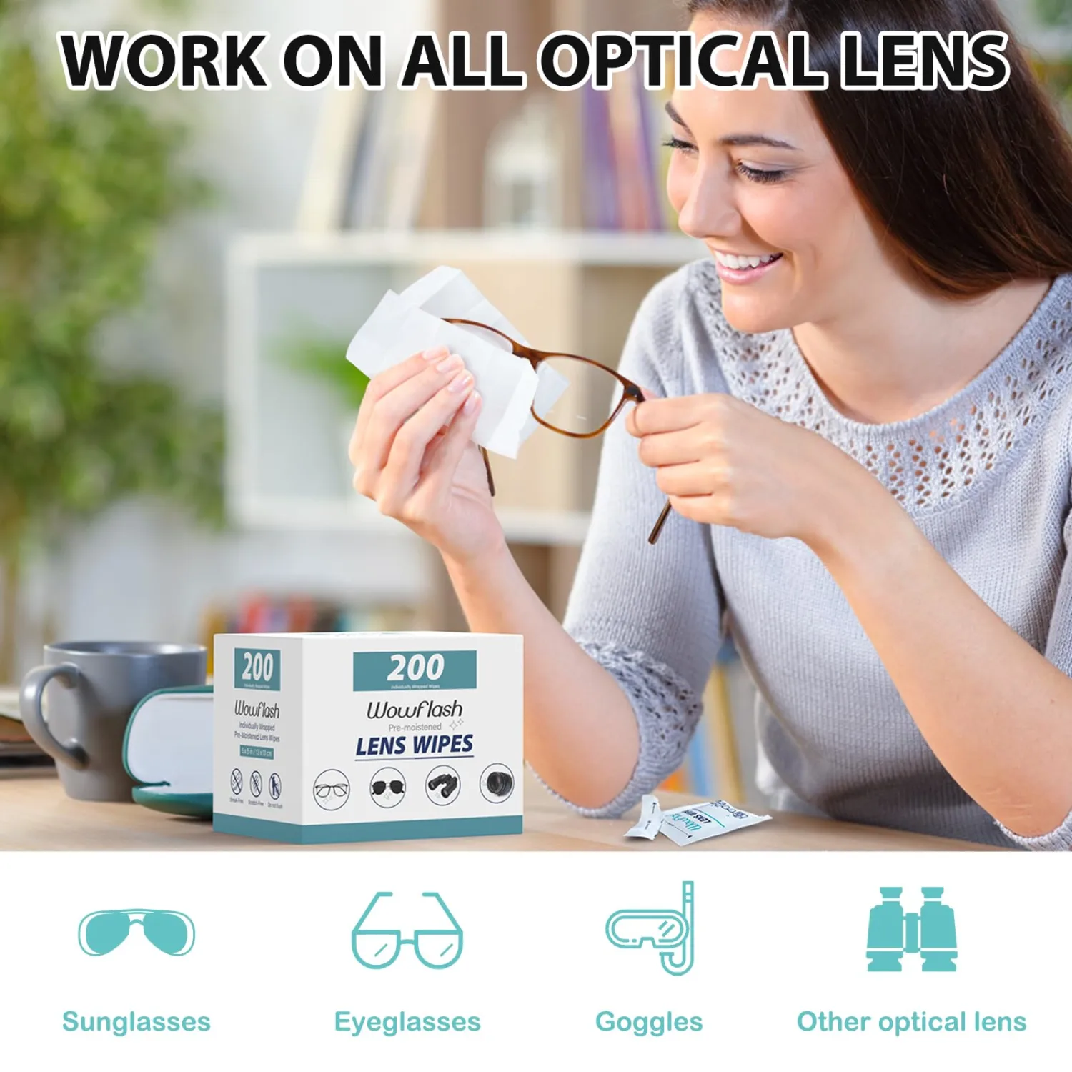 200 Count Lens Wipes for Eyeglasses, Eyeglass Lens Cleaning Wipes Pre-moistened Individually Wrapped Sracth-Free Streak-Free Eye Glasses Cleaner Wipes for Sunglass, Camera Lens, Goggles