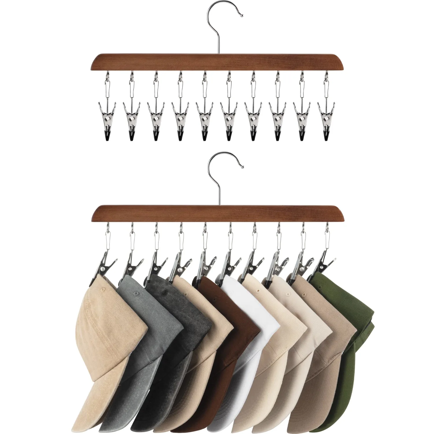 StorageWorks Hat Rack, Closet Organizer and Storage for Baseball Caps,Set of 2 with 10 Adjustable Stainless Steel Clips, Fits All Caps, Natural Walnut Color