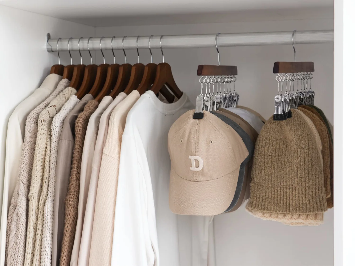 StorageWorks Hat Rack, Closet Organizer and Storage for Baseball Caps,Set of 2 with 10 Adjustable Stainless Steel Clips, Fits All Caps, Natural Walnut Color