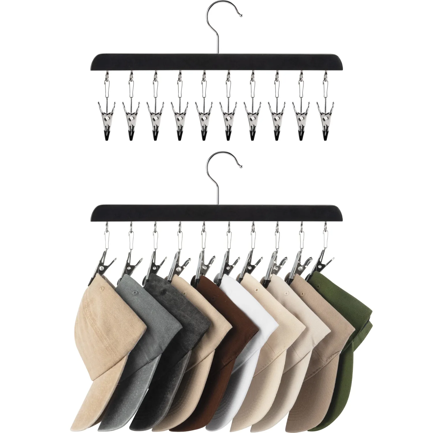 StorageWorks Hat Rack, Closet Organizer and Storage for Baseball Caps,Set of 2 with 10 Adjustable Stainless Steel Clips, Fits All Caps, Black