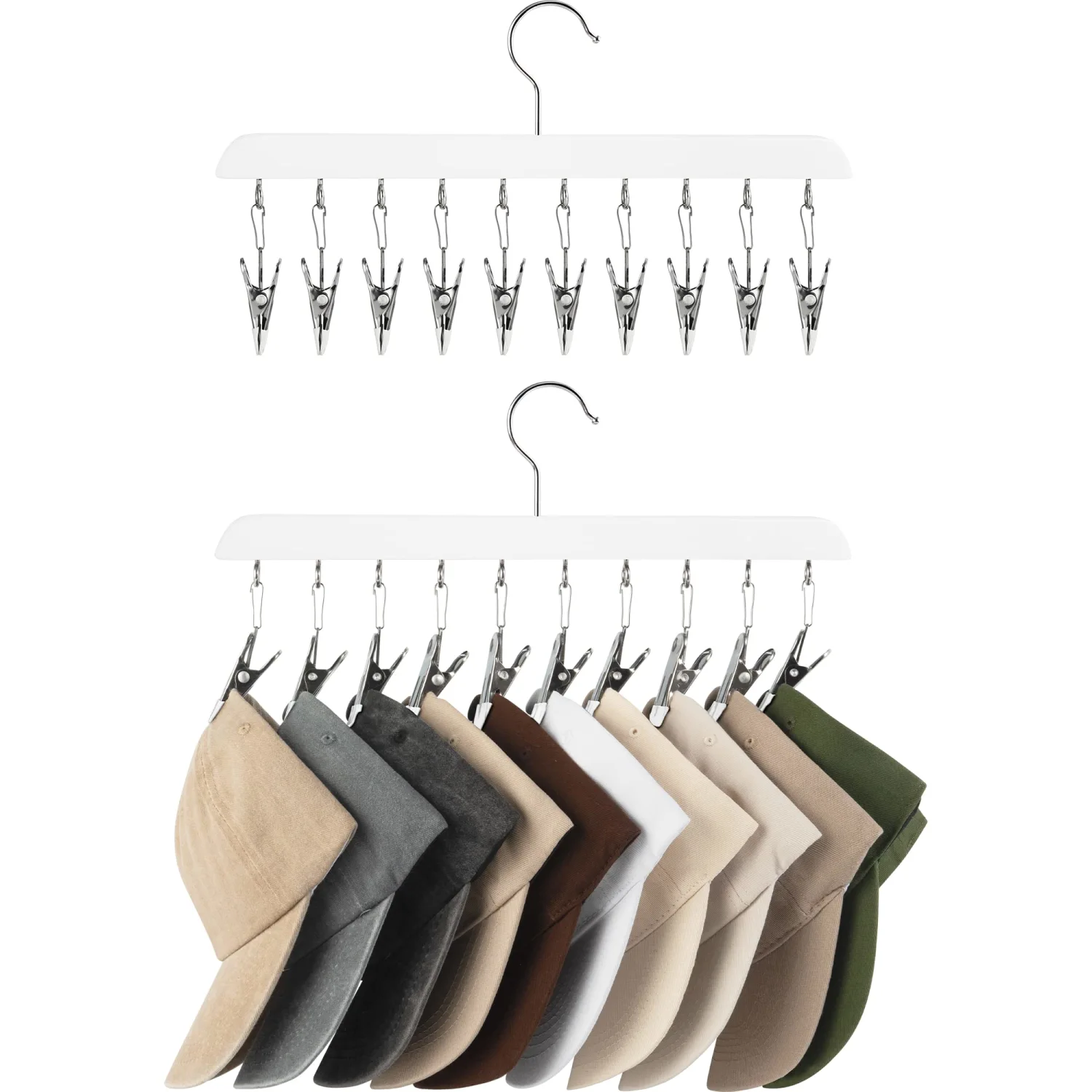 StorageWorks Hat Rack, Closet Organizer and Storage for Baseball Caps,Set of 2 with 10 Adjustable Stainless Steel Clips, Fits All Caps, White