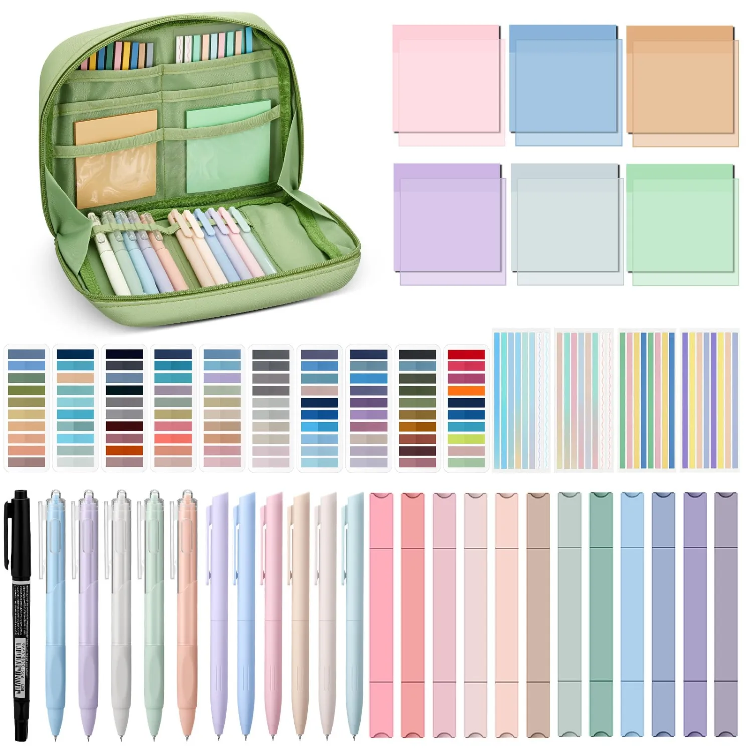 135 Pcs Book Annotation Kit Aesthetic Pencil Case Bag 12 Highlighter 11 Gel Pen 1 Marker 300 Sheet Transparent Sticky Notes Pad 2640 Index Stickers Bible Study Supplies(Kawaii,Green)