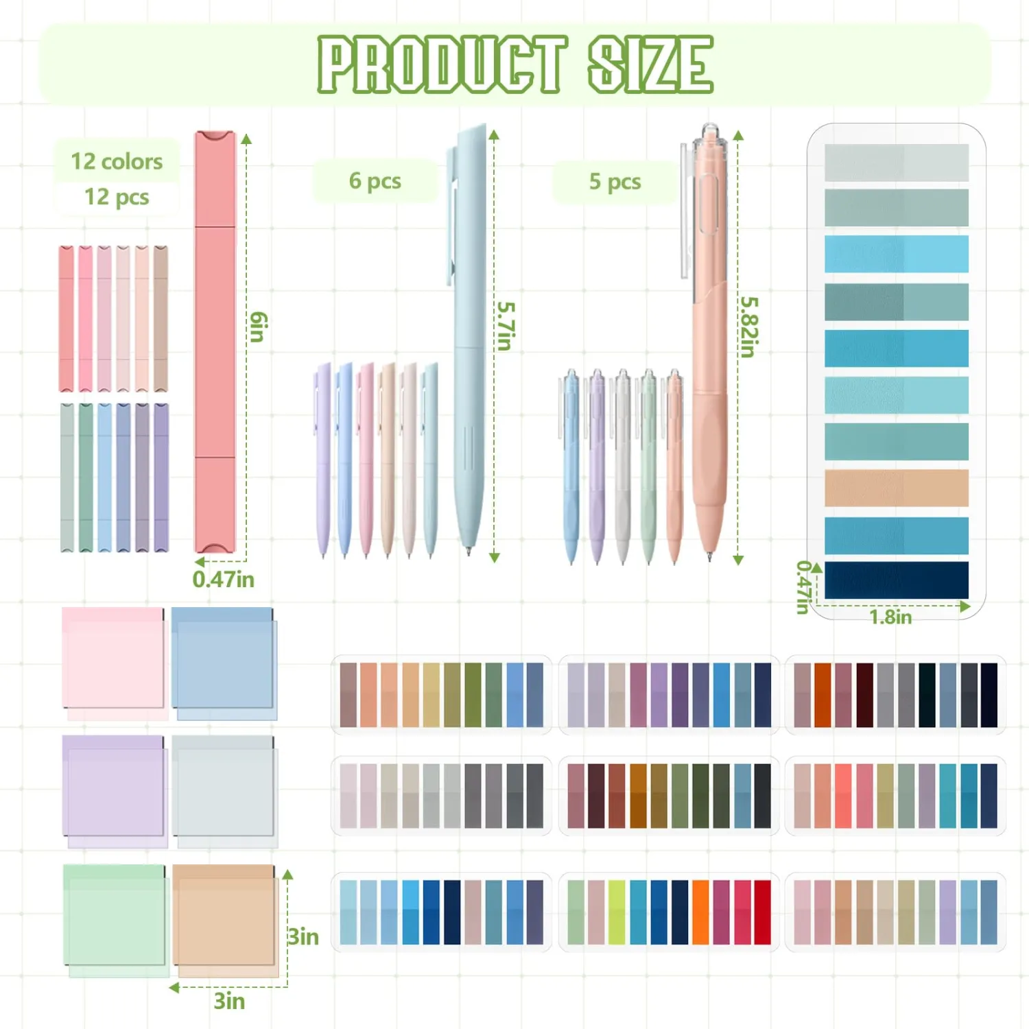 135 Pcs Book Annotation Kit Aesthetic Pencil Case Bag 12 Highlighter 11 Gel Pen 1 Marker 300 Sheet Transparent Sticky Notes Pad 2640 Index Stickers Bible Study Supplies(Kawaii,Green)