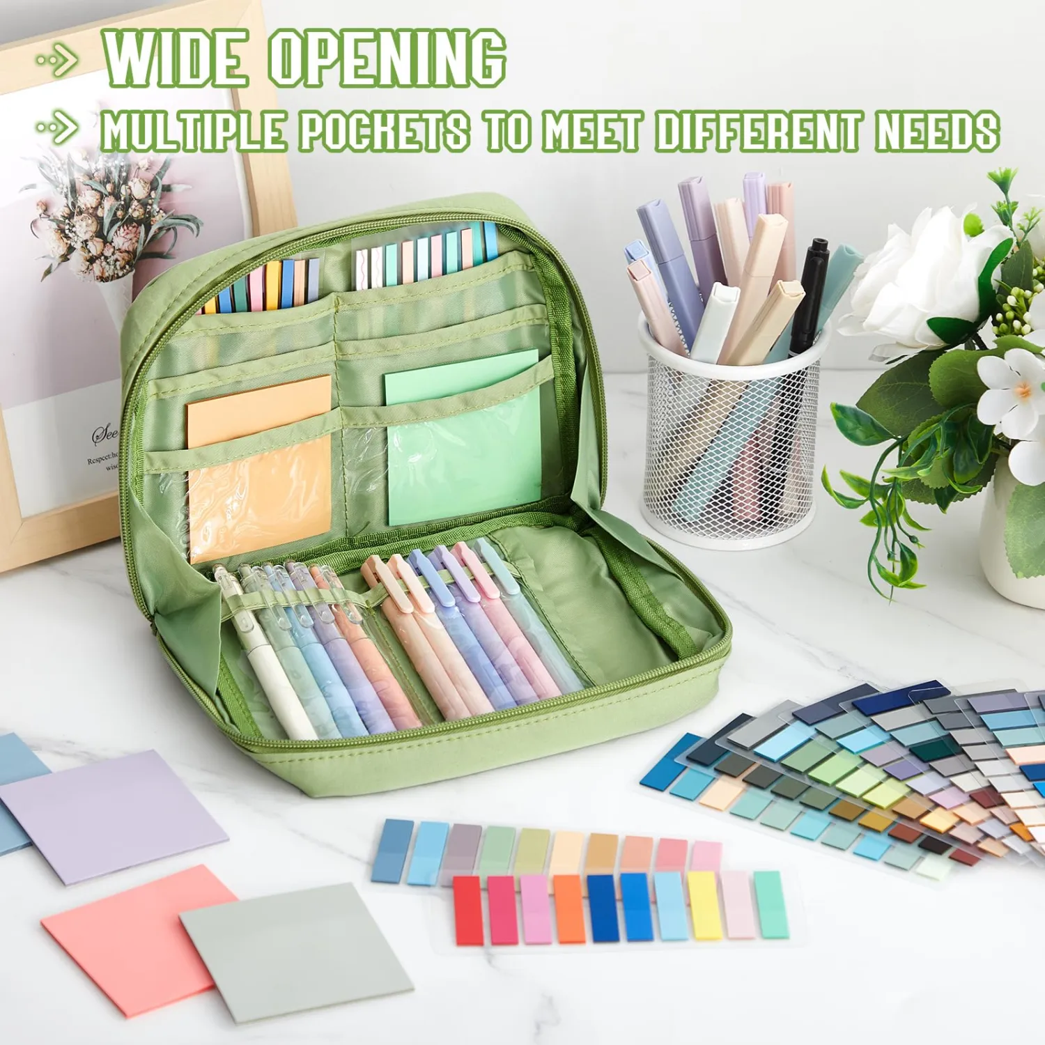 135 Pcs Book Annotation Kit Aesthetic Pencil Case Bag 12 Highlighter 11 Gel Pen 1 Marker 300 Sheet Transparent Sticky Notes Pad 2640 Index Stickers Bible Study Supplies(Kawaii,Green)