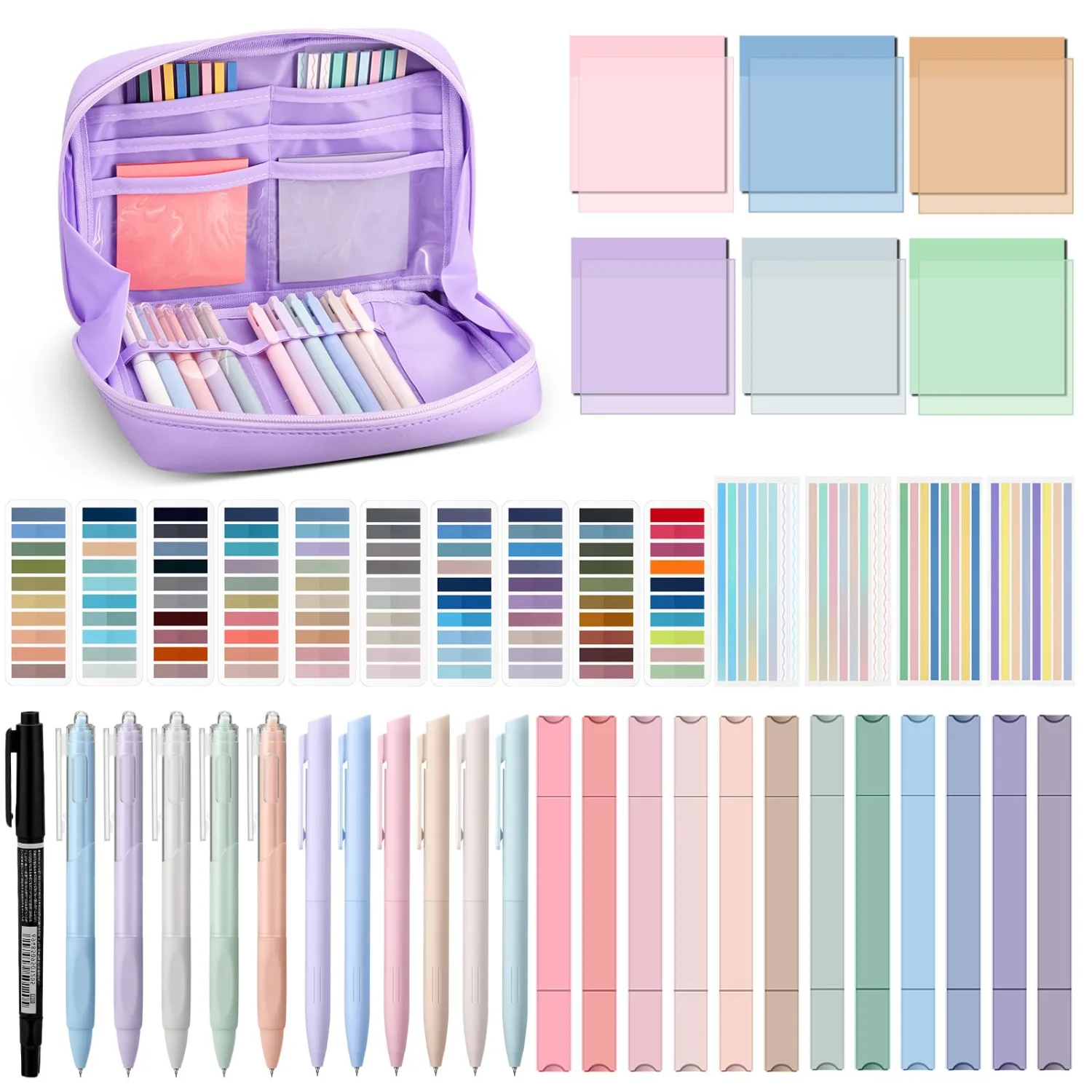 135 Pcs Book Annotation Kit Aesthetic Pencil Case Bag 12 Highlighter 11 Gel Pen 1 Marker 300 Sheet Transparent Sticky Notes Pad 2640 Index Stickers Bible Study Supplies(Kawaii,Purple)