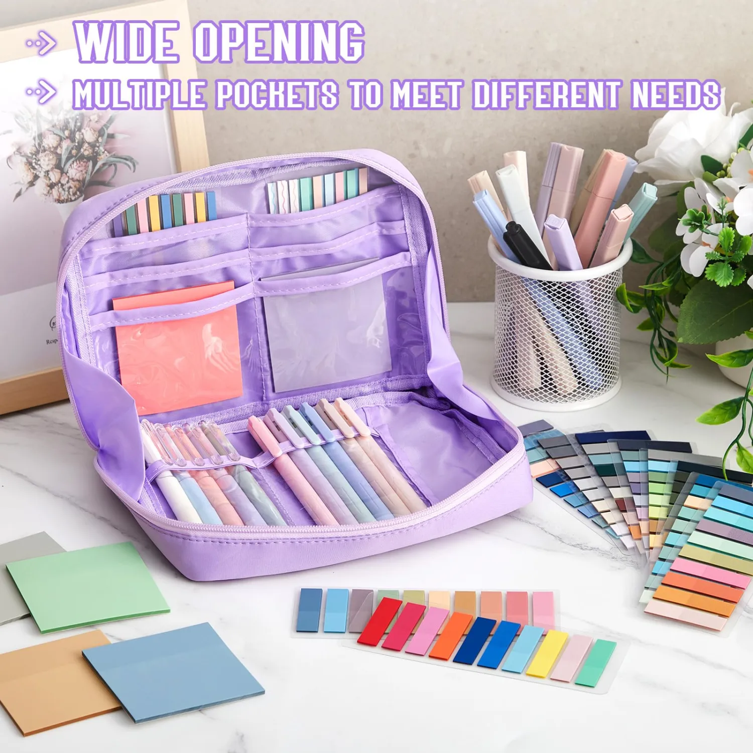 135 Pcs Book Annotation Kit Aesthetic Pencil Case Bag 12 Highlighter 11 Gel Pen 1 Marker 300 Sheet Transparent Sticky Notes Pad 2640 Index Stickers Bible Study Supplies(Kawaii,Purple)