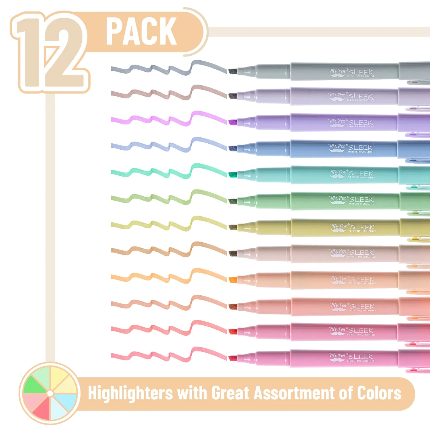 Mr. Pen Highlighters - 12 Pack, Chisel Tip, Pastel Colors, No Bleed, Set