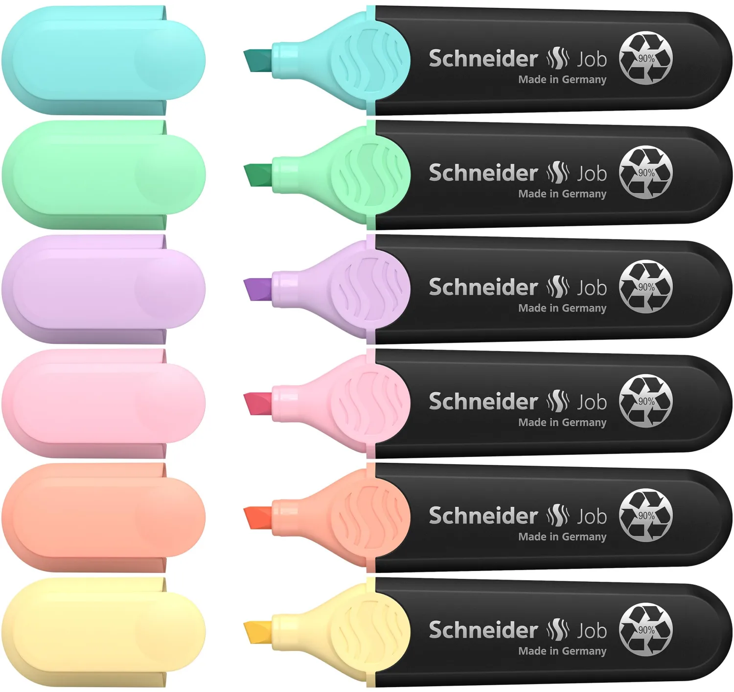 Schneider Job Highlighter Pastel, Chisel Tip, 1 + 5 mm, Black Barrel, Assorted Ink Colors, Pack of 6 Highlighters: Turquoise, Mint, Vanilla, Peach, Lavender, Light Pink (115097)