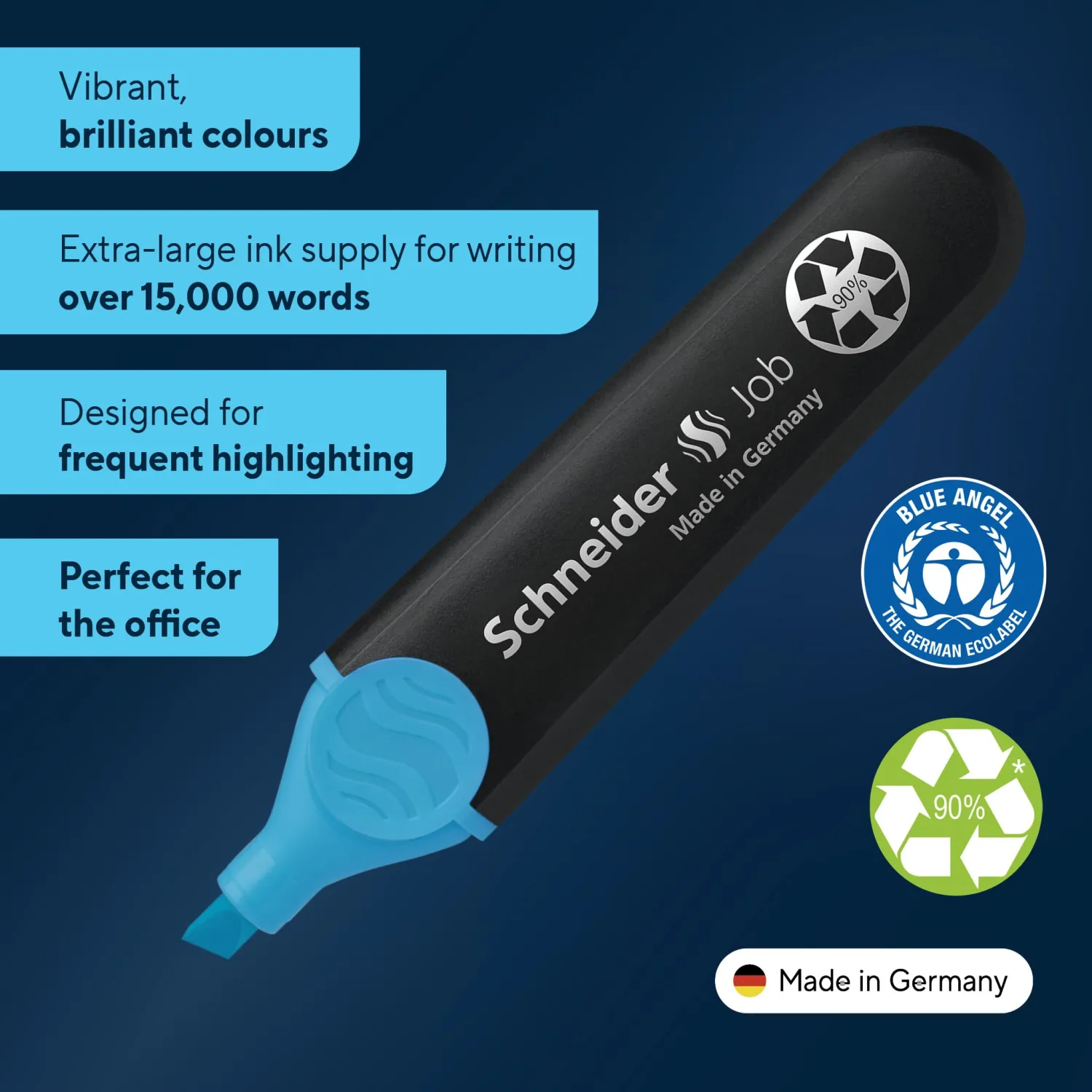 Schneider Job Highlighter, Chisel Tip, 1 + 5 mm, Black Barrel, Blue Ink, Box of 10 Highlighters (1503)