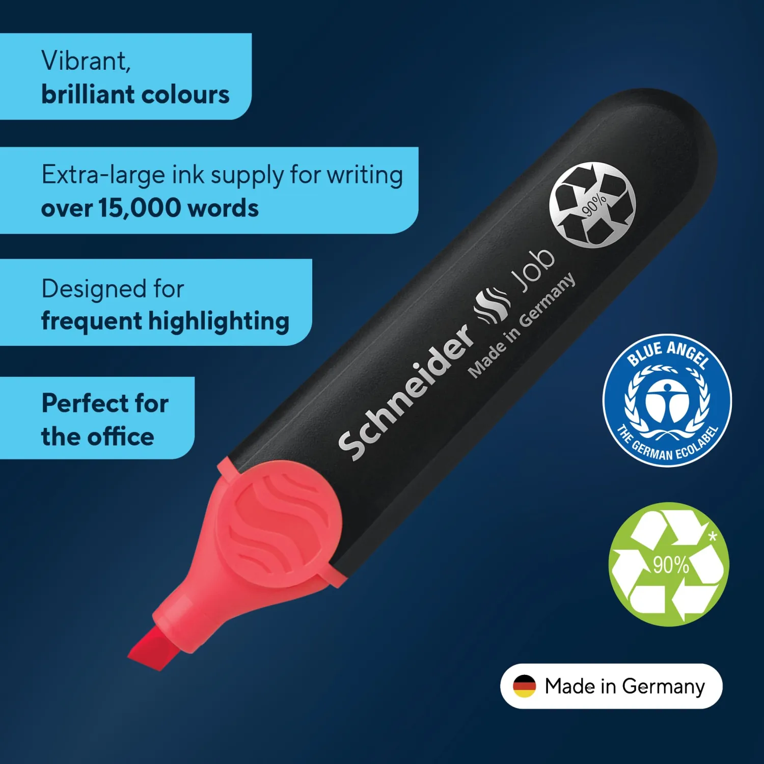 Schneider Job Highlighter, Chisel Tip, 1 + 5 mm, Black Barrel, Coral Ink, Box of 10 Highlighters (1502)
