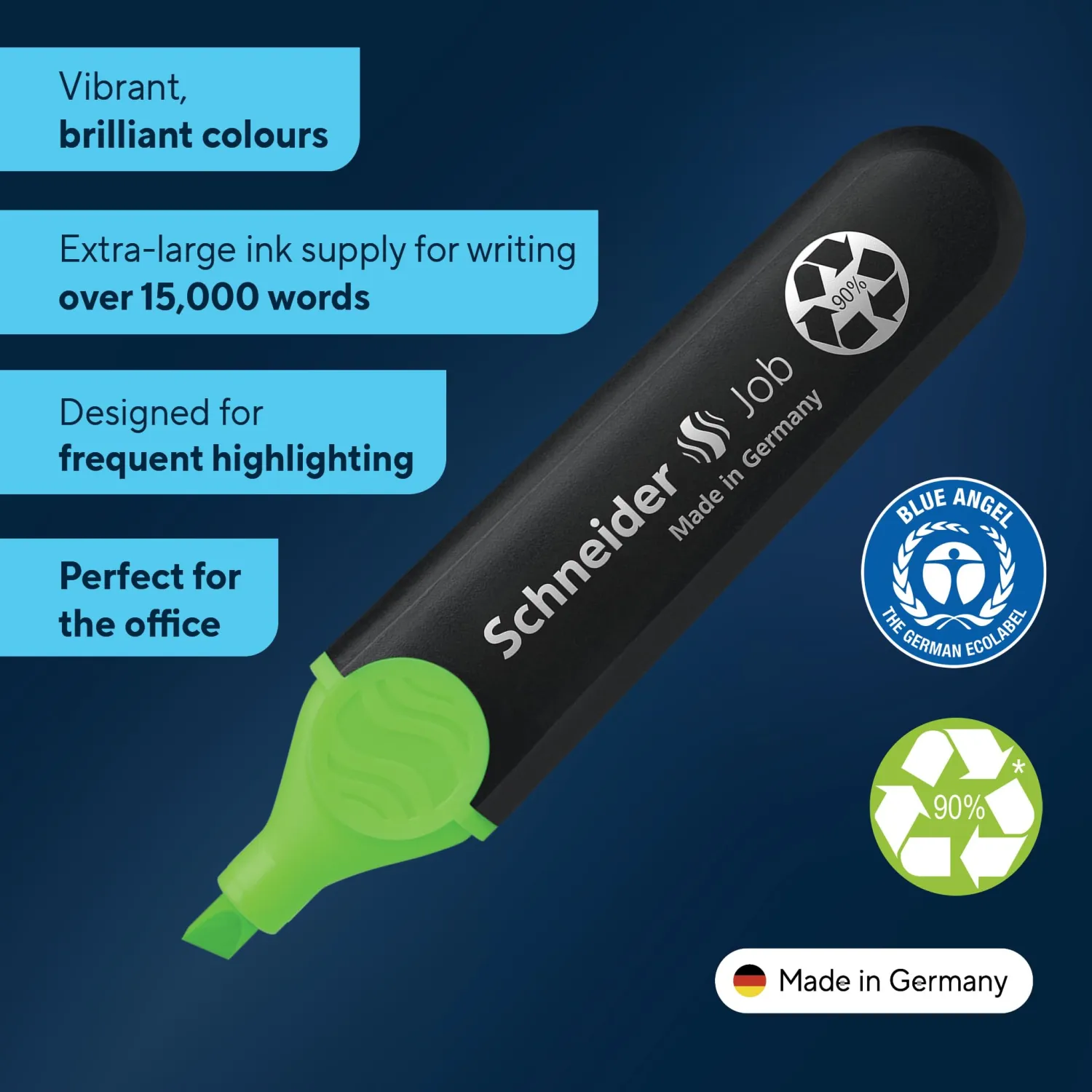 Schneider Job Highlighter, Chisel Tip, 1 + 5 mm, Black Barrel, Green Ink, Box of 10 Highlighters (1504)