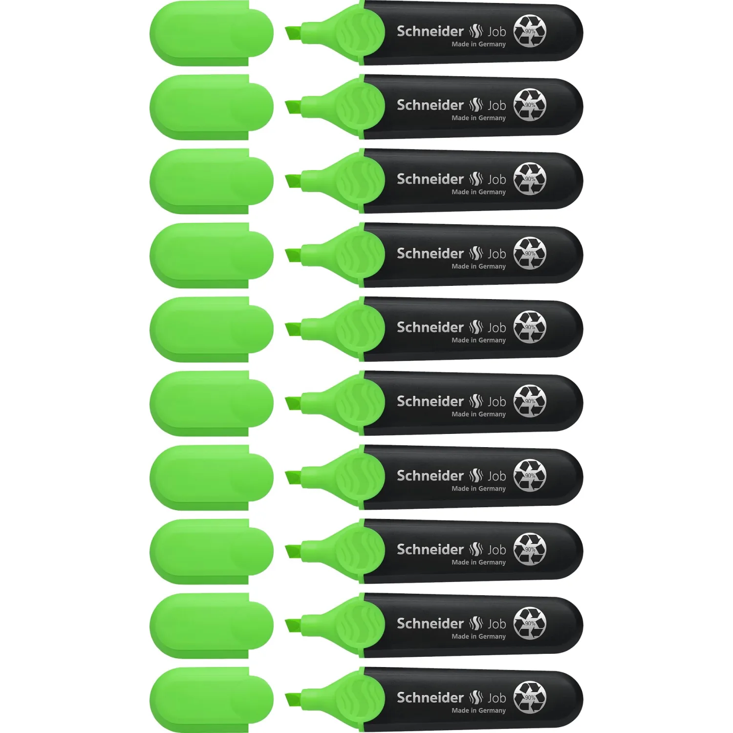 Schneider Job Highlighter, Chisel Tip, 1 + 5 mm, Black Barrel, Green Ink, Box of 10 Highlighters (1504)