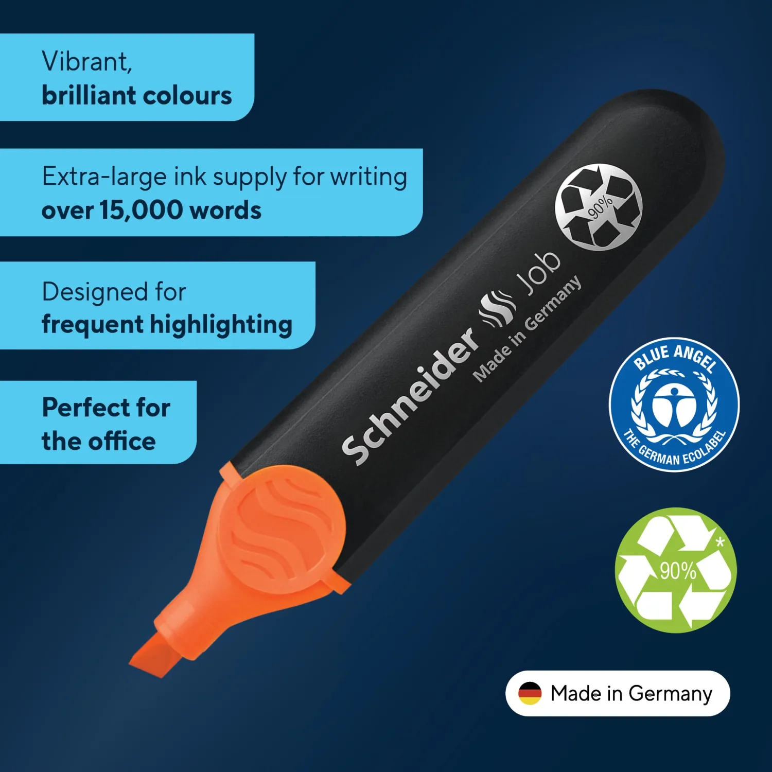 Schneider Job Highlighter, Chisel Tip, 1 + 5 mm, Black Barrel, Orange Ink, Box of 10 Highlighters (1506)