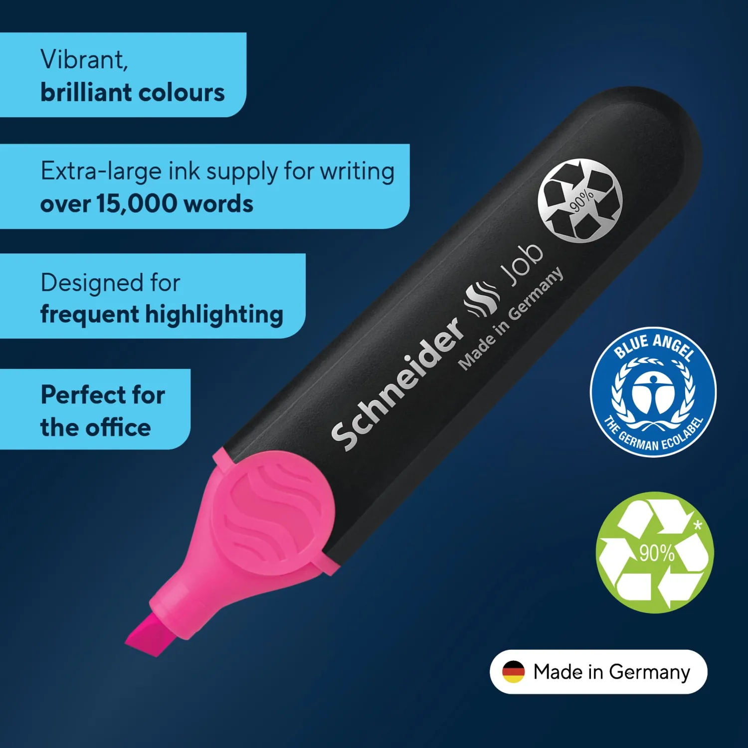 Schneider Job Highlighter, Chisel Tip, 1 + 5 mm, Black Barrel, Pink Ink, Box of 10 Highlighters (1509)
