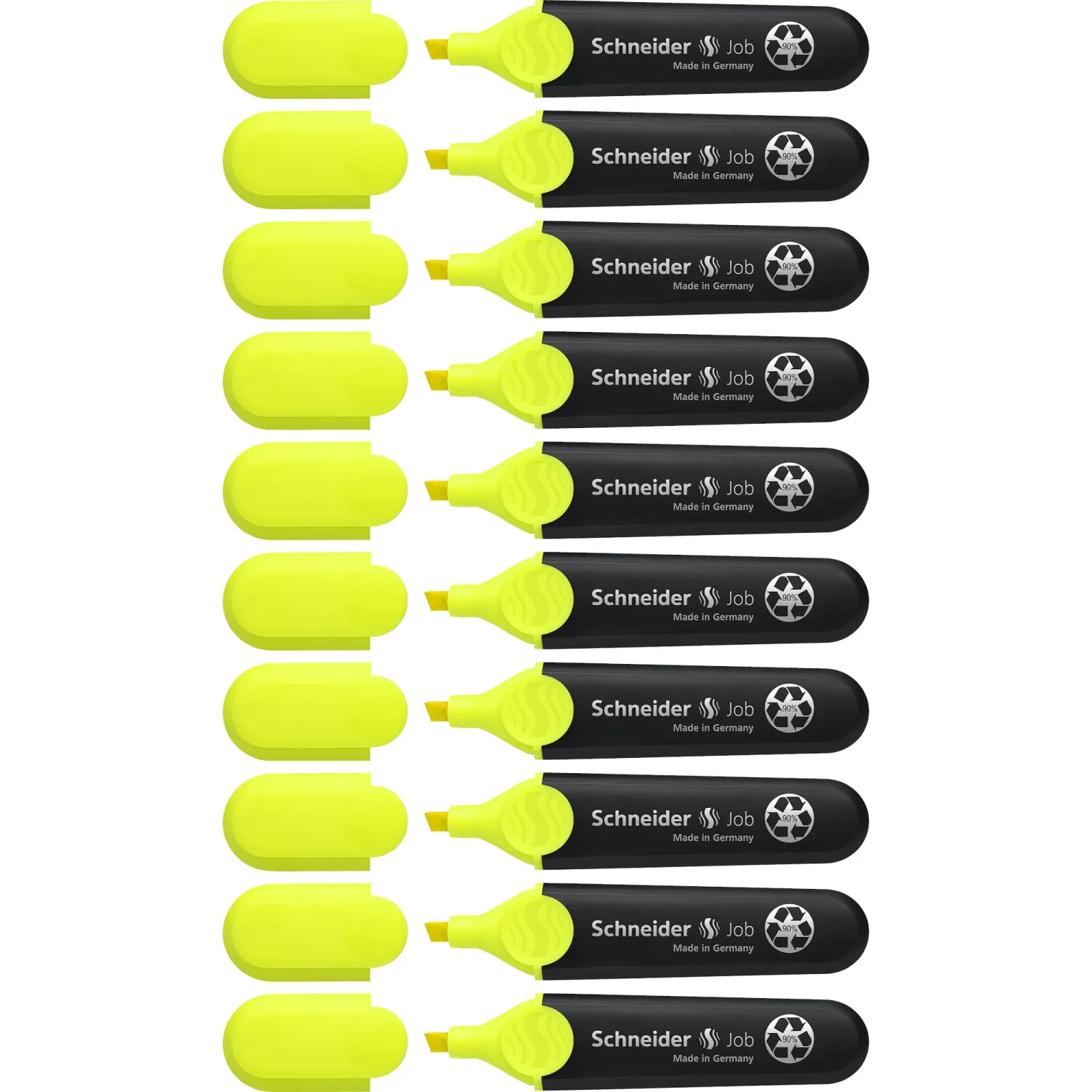 Schneider Job Highlighter, Chisel Tip, 1 + 5 mm, Black Barrel, Yellow Ink, Box of 10 Highlighters (1505)
