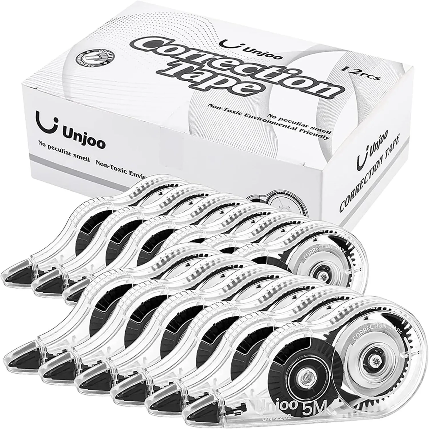 White Correction Tape, Easy To Use Applicator for Instant Corrections Wrong Writing At Any Time, For school, Office (12pack, 5M/196" x 0.2", Black)