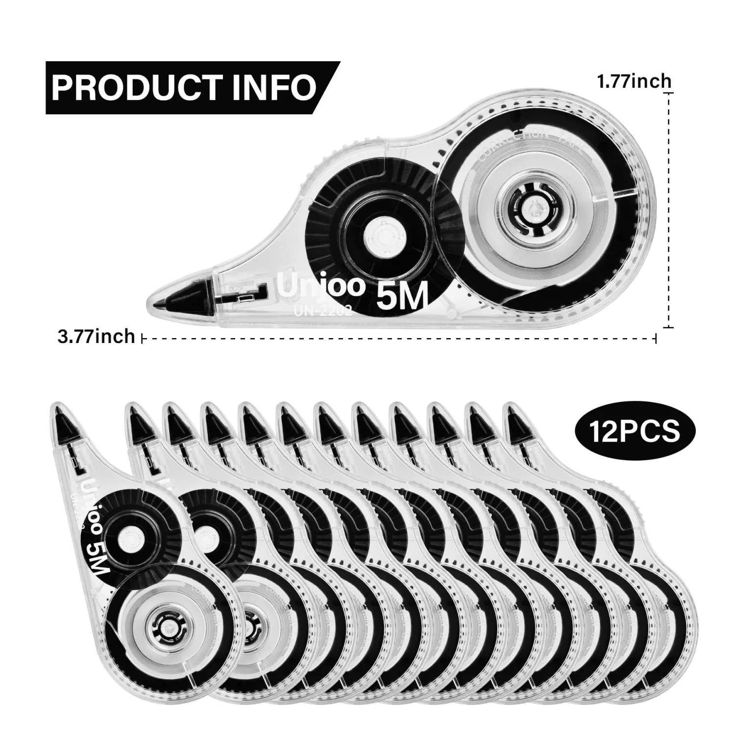 White Correction Tape, Easy To Use Applicator for Instant Corrections Wrong Writing At Any Time, For school, Office (12pack, 5M/196" x 0.2", Black)