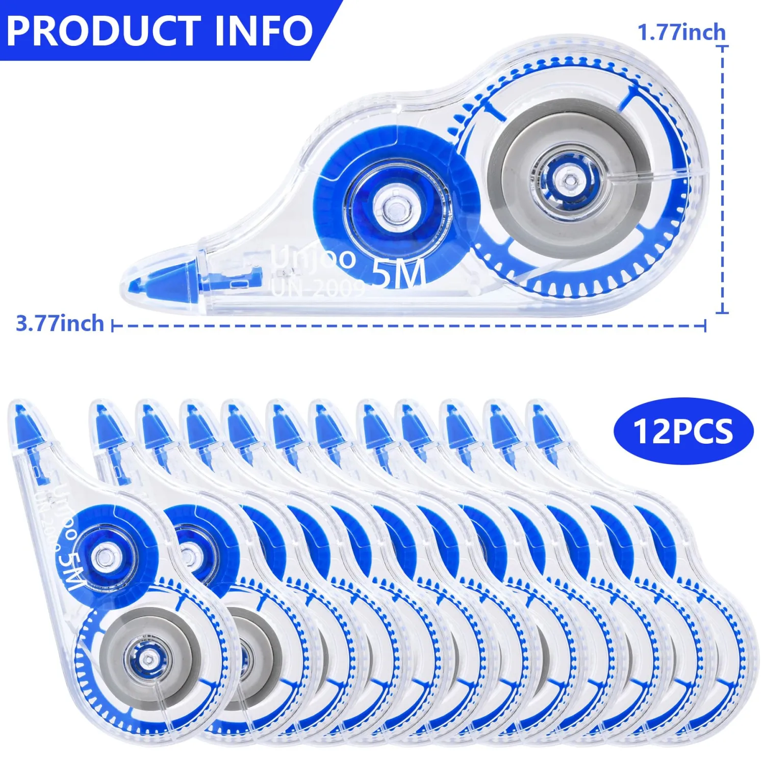 White Correction Tape, Easy To Use Applicator for Instant Corrections Wrong Writing At Any Time, For school, Office (12pack, 5M/196" x 0.2", Blue)