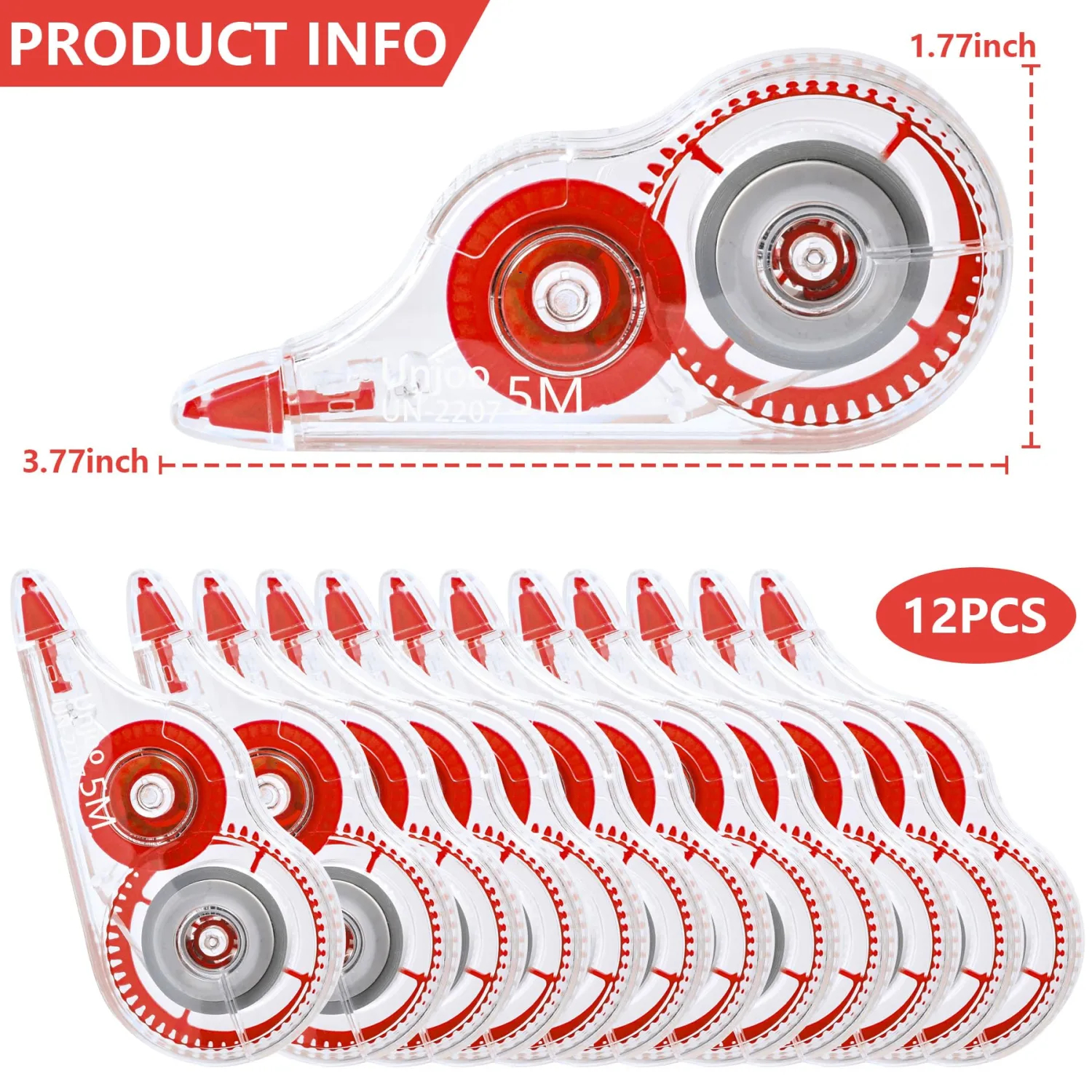 White Correction Tape, Easy To Use Applicator for Instant Corrections Wrong Writing At Any Time, For school, Office (12pack, 5M/196" x 0.2", Red)