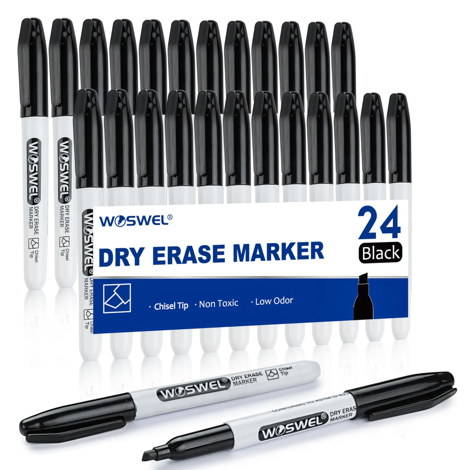 Dry Erase Markers,24 Pack Black Chisel Tip Whiteboard Markers, Chisel Point Low Odor Dry Erase Marker for School Office and Home