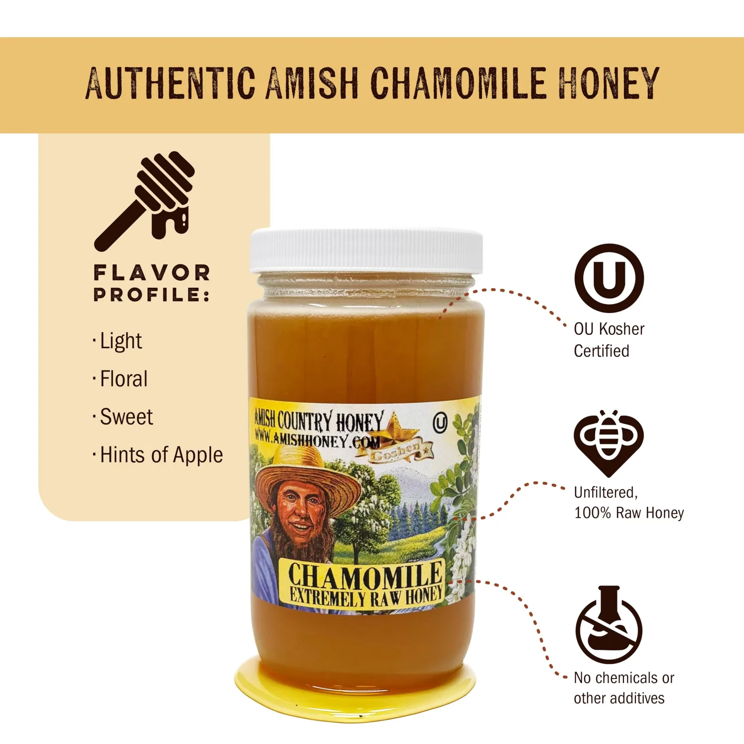 Goshen Amish Country Extremely Raw Chamomile Honey - Unfiltered, Unprocessed, Pure & Natural - Harvested in the USA - Rich Flavor for Tea, Cooking, Wellbeing - Kosher Certified - 16oz Glass Jar