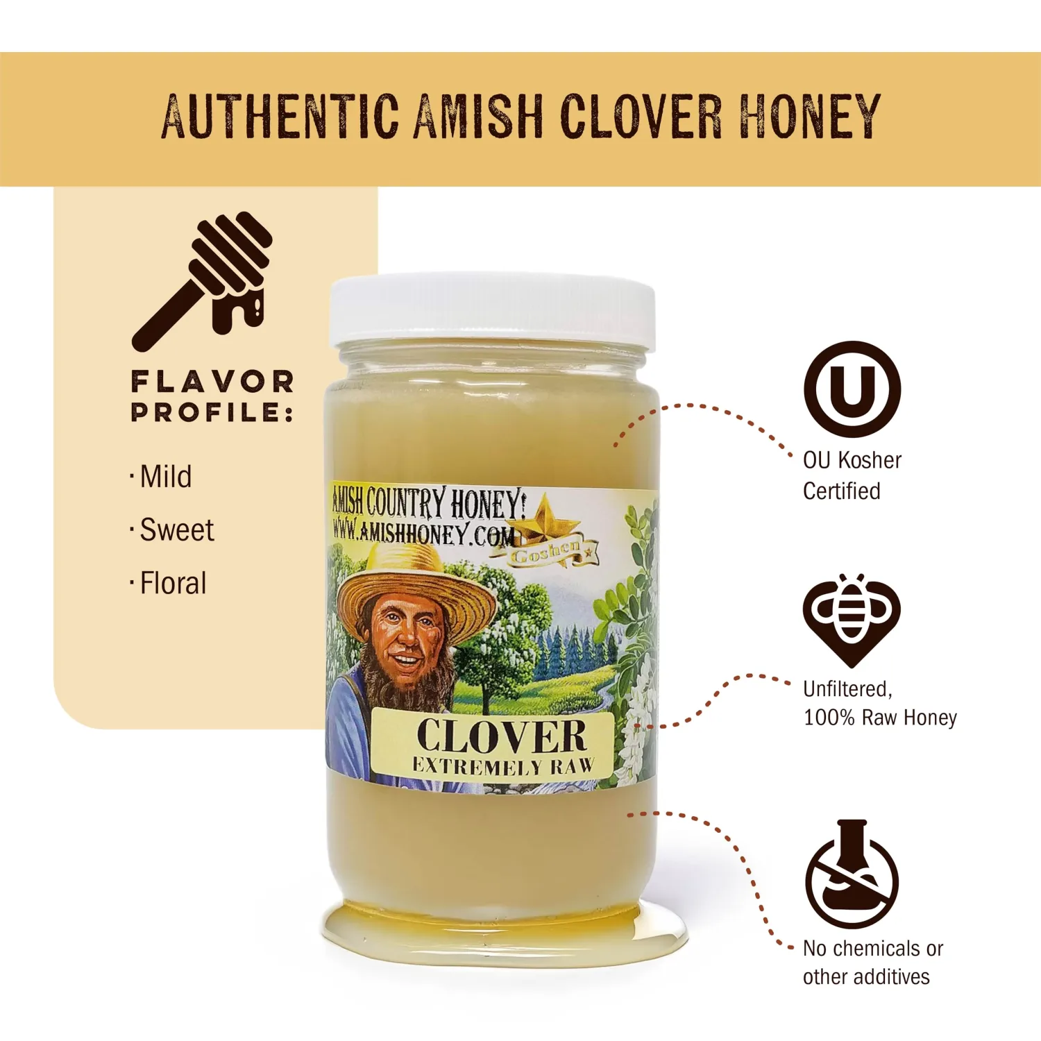 Goshen Amish Country Extremely Raw Clover Honey - Unfiltered, Unprocessed, Pure & Natural - Harvested in the USA - Rich Flavor for Tea, Cooking, Wellbeing - Kosher Certified - 16oz Glass Jar