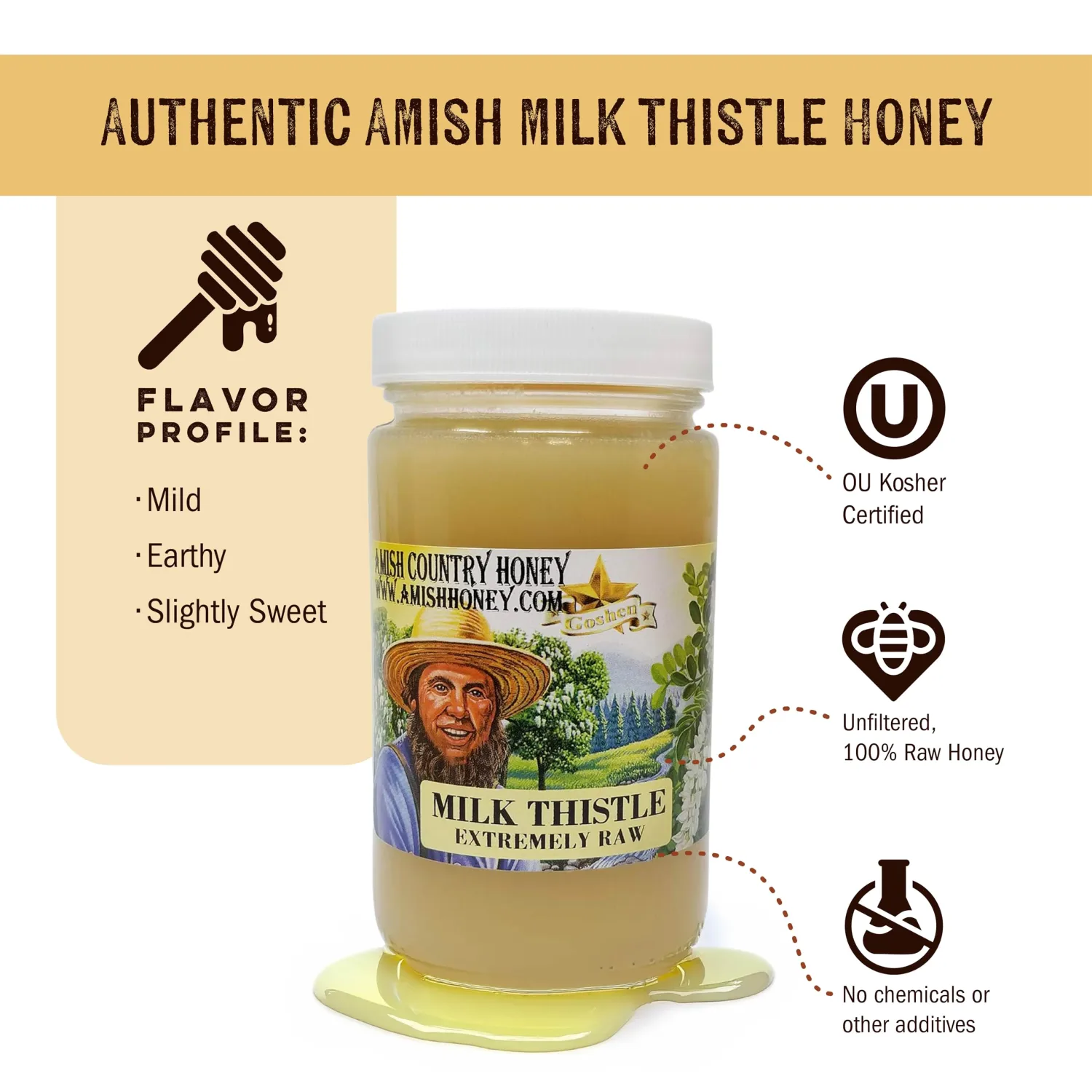 Goshen Amish Country Extremely Raw Milk Thistle Honey - Unfiltered, Unprocessed, Pure & Natural - Harvested in the USA - Rich Flavor for Tea, Cooking, Wellbeing - Kosher Certified - 16oz Glass Jar