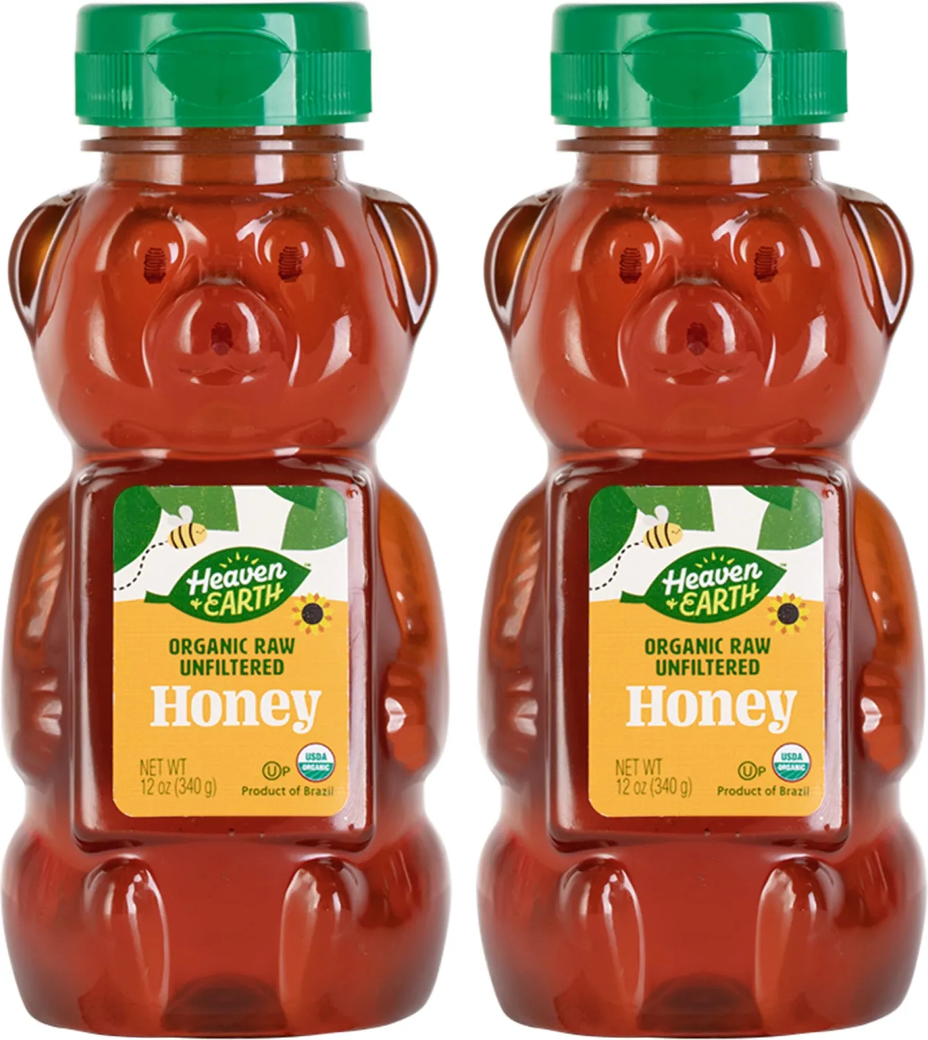 Heaven & Earth Organic Raw Unfiltered Honey, 12 oz (2 Pack) | USDA Certified | Bear Shaped Squeeze Bottle | Pure & Natural Honey | Perfect for Tea, Baking, and Cooking
