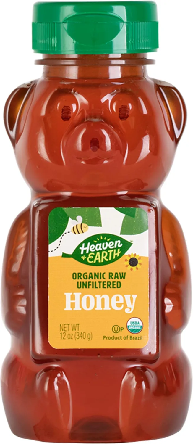 Heaven & Earth Organic Raw Unfiltered Honey, 12 oz | USDA Certified | Bear Shaped Squeeze Bottle | Pure & Natural Honey | Perfect for Tea, Baking, and Cooking
