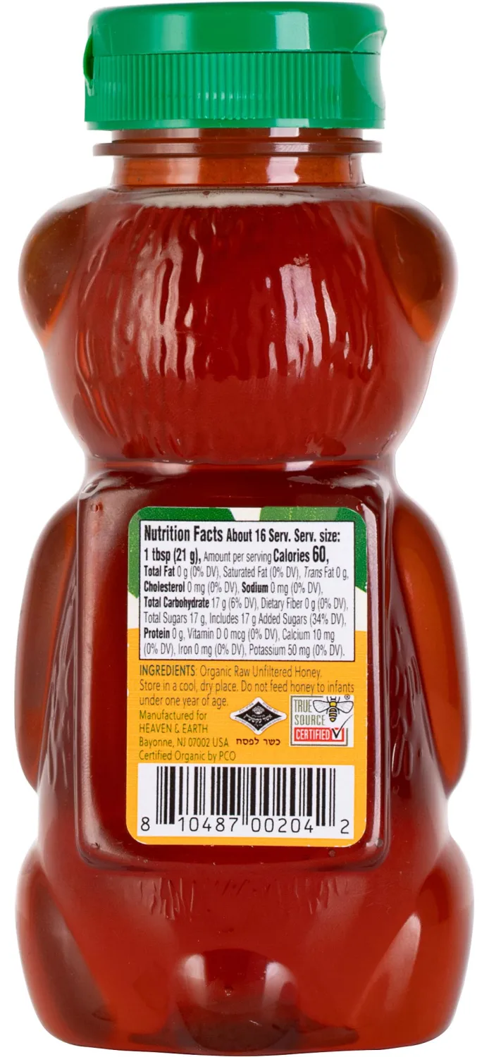 Heaven & Earth Organic Raw Unfiltered Honey, 12 oz | USDA Certified | Bear Shaped Squeeze Bottle | Pure & Natural Honey | Perfect for Tea, Baking, and Cooking