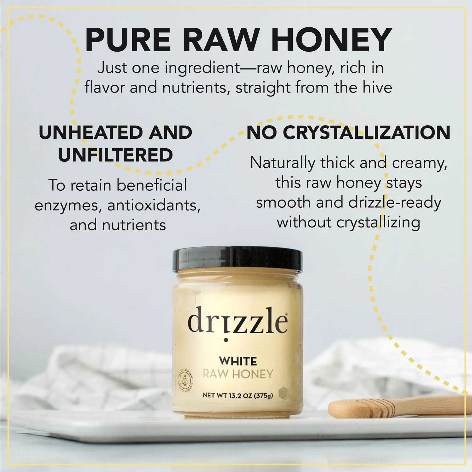 Drizzle White Raw Honey - All Natural Pure Raw Honey, Unfiltered & Unheated, Use in Tea & Coffee, Sugar Substitute, Certified Kosher - 13.2 oz Jar (375 g)
