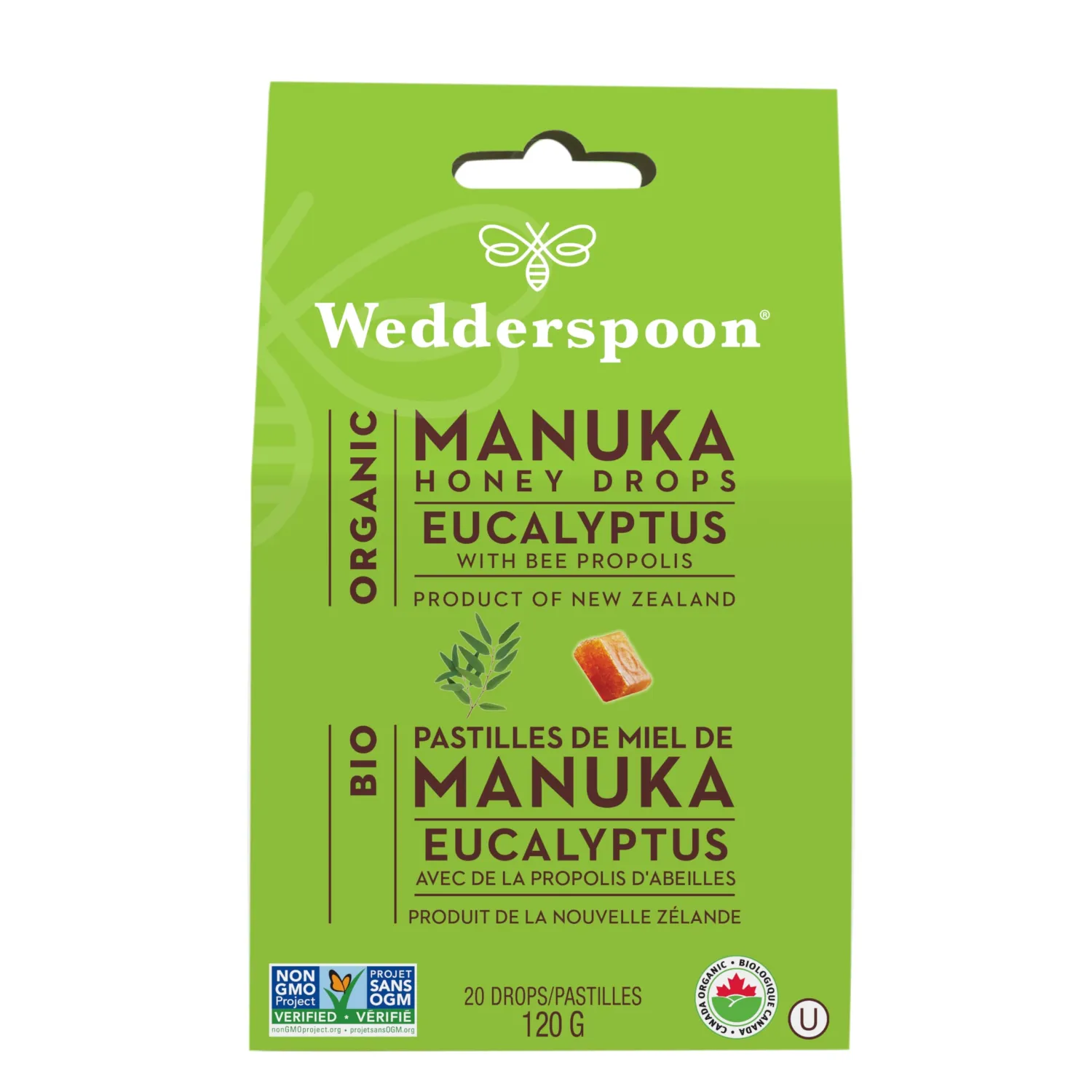 Wedderspoon Organic Manuka Honey Drops, Eucalyptus & Bee Propolis, 20 Count (Pack of 1), Genuine New Zealand Honey, Perfect Remedy For Dry Throats