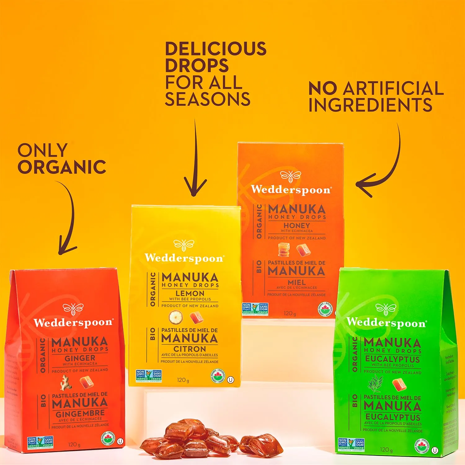 Wedderspoon Organic Manuka Honey Drops, Eucalyptus & Bee Propolis, 20 Count (Pack of 1), Genuine New Zealand Honey, Perfect Remedy For Dry Throats