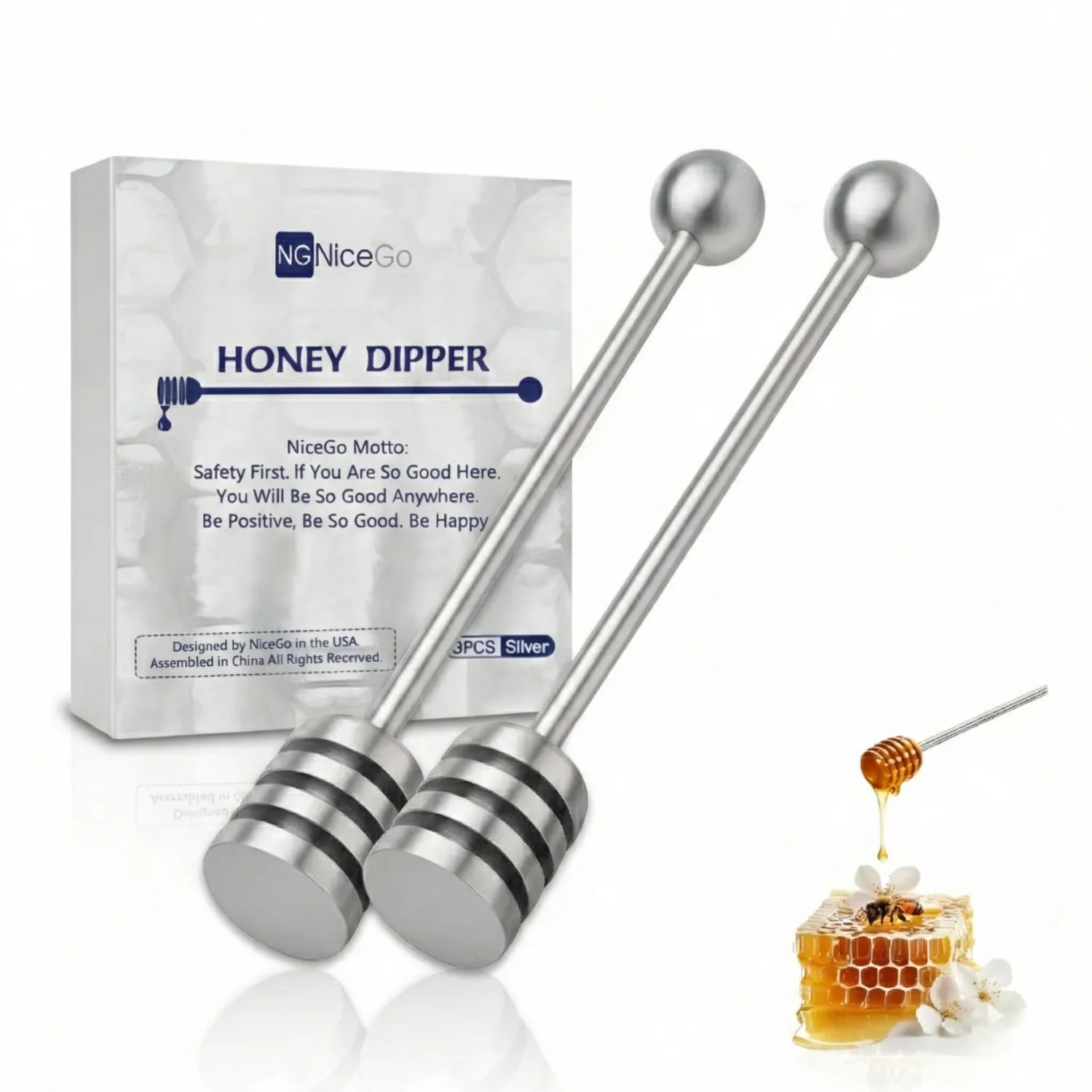 Honey Dipper. Premium 304 Stainless Steel Honey Dipper Set, 6.3 Inch Kitchen Stirrer, 2 Pack Deep-Groove Honeycomb Sticks for Syrup, Molasses, and Sauces, Dishwasher Safe. 2 PCS in One Box.
