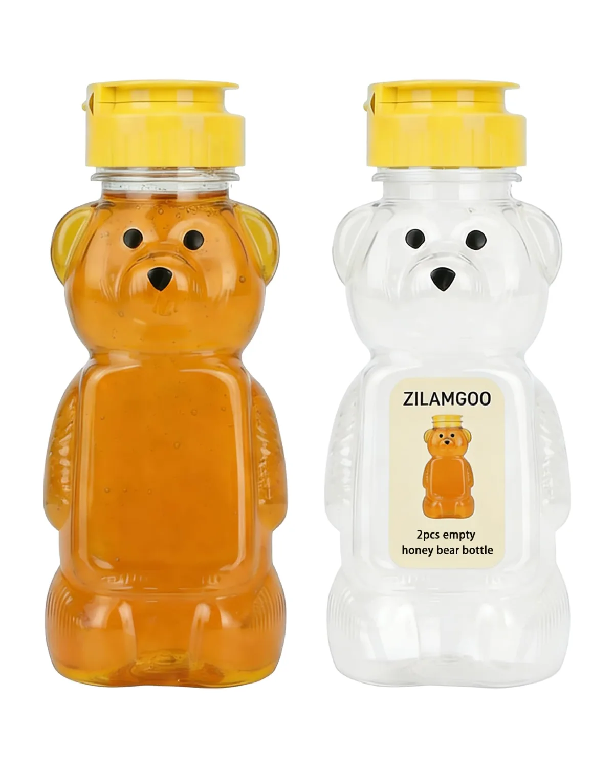 ZILAMGOO 2 Pcs 8Oz Plastic Bear Honey Bottle Cup with Yellow Flip Top Lid Bear Shaped Jar Honey Squeeze Bottle Empty for Storing and Dispensing (8 oz/ 2pcs)