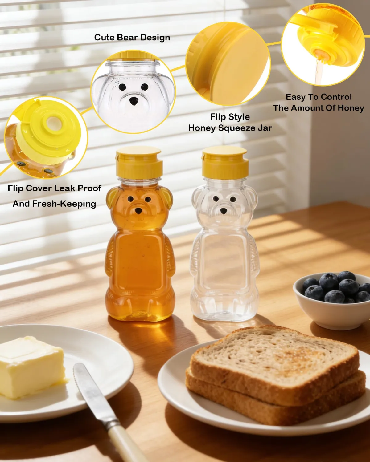 ZILAMGOO 2 Pcs 8Oz Plastic Bear Honey Bottle Cup with Yellow Flip Top Lid Bear Shaped Jar Honey Squeeze Bottle Empty for Storing and Dispensing (8 oz/ 2pcs)