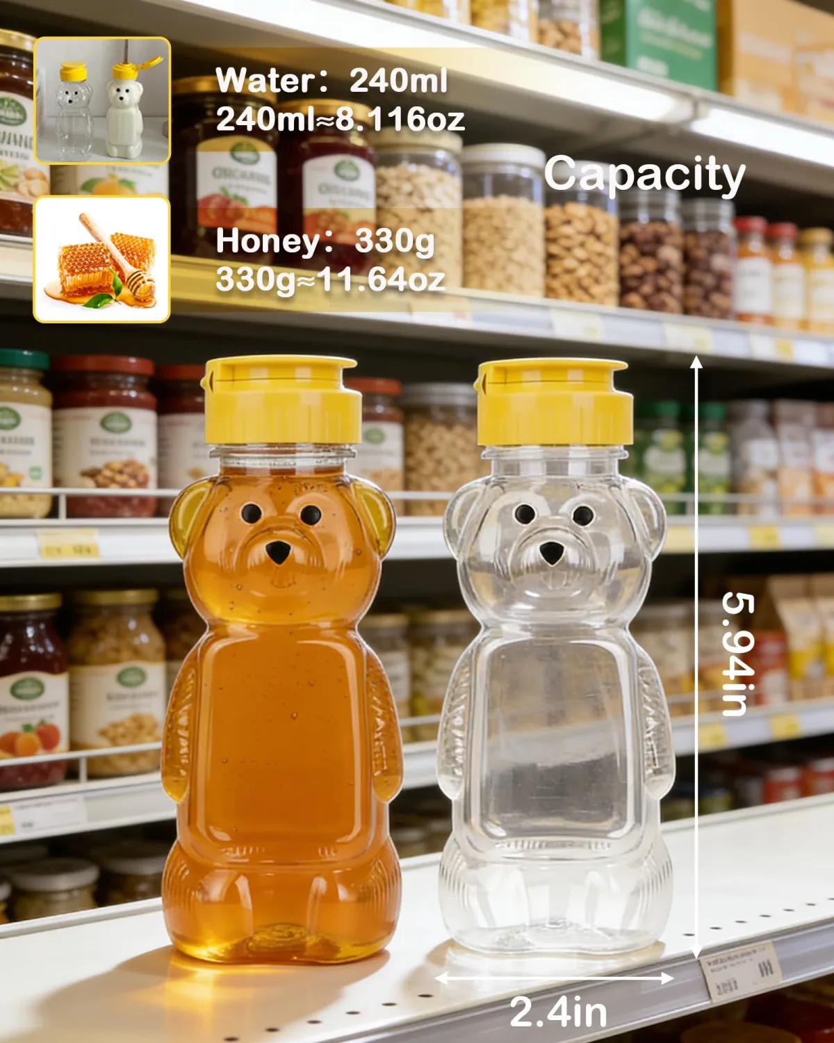 ZILAMGOO 2 Pcs 8Oz Plastic Bear Honey Bottle Cup with Yellow Flip Top Lid Bear Shaped Jar Honey Squeeze Bottle Empty for Storing and Dispensing (8 oz/ 2pcs)